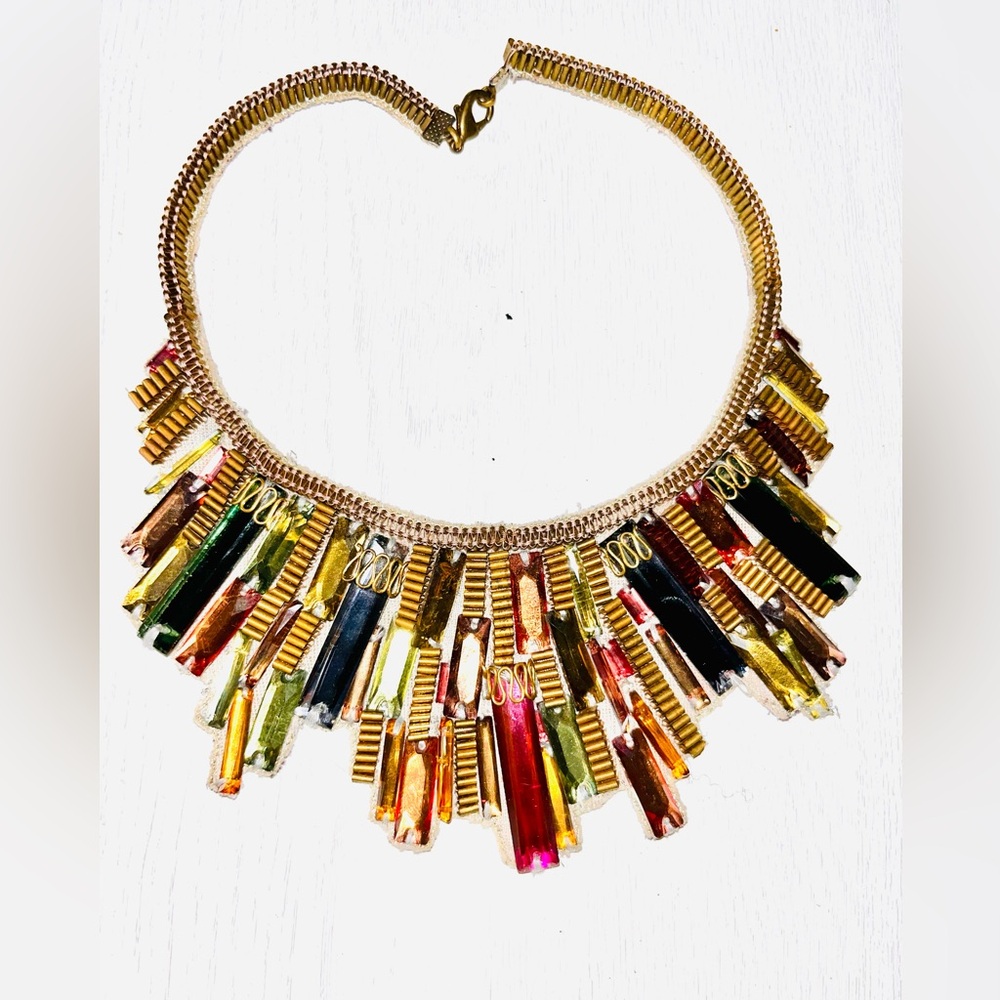 Rare!!! Ranna Gill Multicolor Crystal Fringe Statement Necklace - Gold Tone